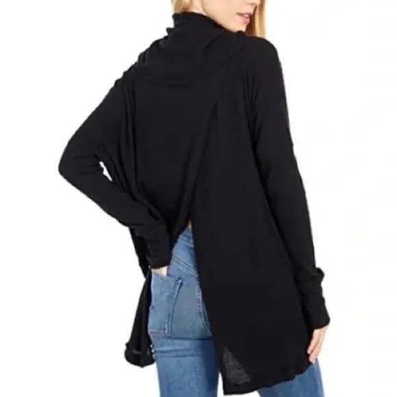 Free People Juicy Long Sleeve Black Ribbed Split Back Cowl Neck Top - M - Picture 5 of 16